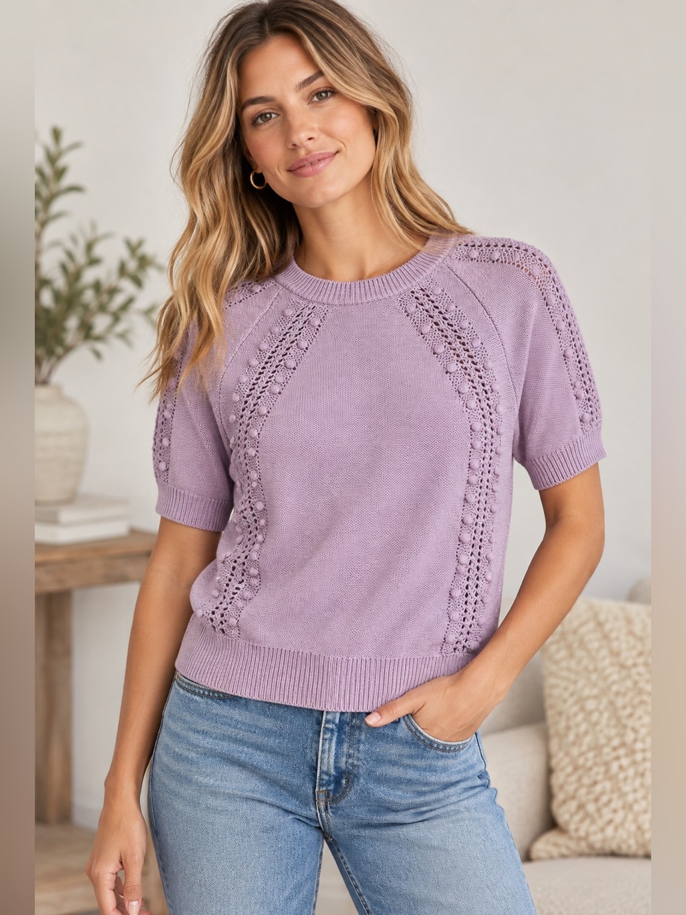 LOFT New Lilac Purple Sweater Pointelle & Bobble Detail